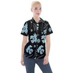 Folk flowers pattern Women s Short Sleeve Pocket Shirt