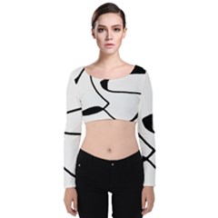 Black And White Abstract Linear Decorative Art Velvet Long Sleeve Crop Top by dflcprintsclothing