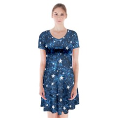 Dark Blue Stars Short Sleeve V-neck Flare Dress by AnkouArts
