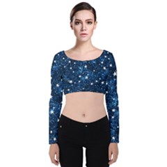 Dark Blue Stars Velvet Long Sleeve Crop Top by AnkouArts