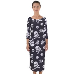 Skull And Cross Bone On Black Background Quarter Sleeve Midi Bodycon Dress by AnkouArts