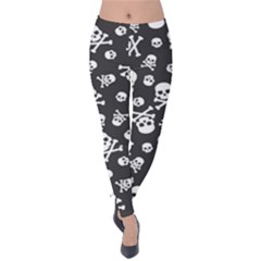 Skull And Cross Bone On Black Background Velvet Leggings by AnkouArts