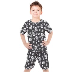 Skull And Cross Bone On Black Background Kids  Tee And Shorts Set by AnkouArts