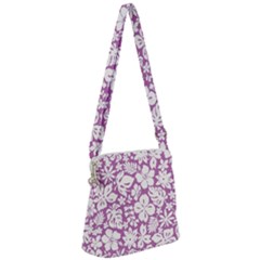 White Hawaiian Flowers On Purple Zipper Messenger Bag by AnkouArts