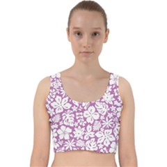 White Hawaiian Flowers On Purple Velvet Racer Back Crop Top by AnkouArts