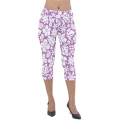 White Hawaiian Flowers On Purple Lightweight Velour Capri Leggings  by AnkouArts