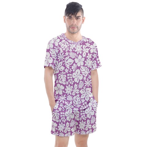 White Hawaiian Flowers On Purple Men s Mesh Tee And Shorts Set by AnkouArts