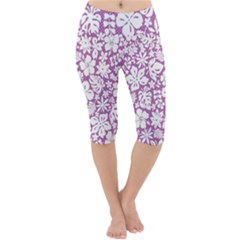 White Hawaiian Flowers On Purple Lightweight Velour Cropped Yoga Leggings by AnkouArts