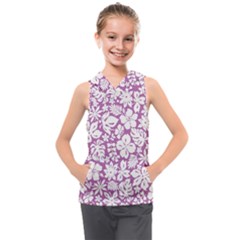 White Hawaiian Flowers On Purple Kids  Sleeveless Hoodie