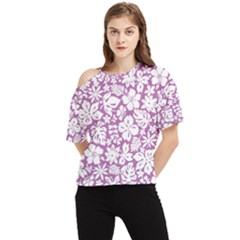 White Hawaiian Flowers On Purple One Shoulder Cut Out Tee by AnkouArts