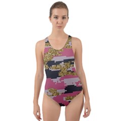 Abstract Glitter Gold, Black And Pink Camo Cut-out Back One Piece Swimsuit by AnkouArts