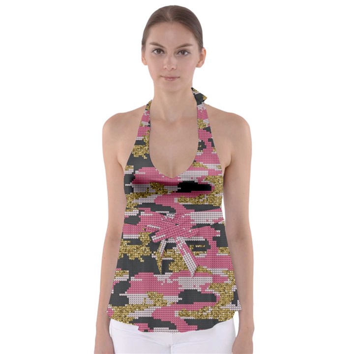 Abstract Glitter Gold, Black and Pink Camo Babydoll Tankini Top