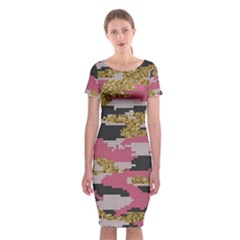 Abstract Glitter Gold, Black And Pink Camo Classic Short Sleeve Midi Dress