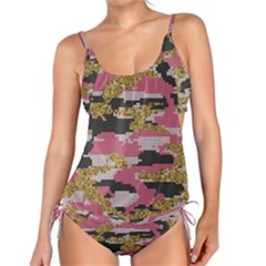 Abstract Glitter Gold, Black And Pink Camo Tankini Set