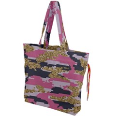 Abstract Glitter Gold, Black And Pink Camo Drawstring Tote Bag by AnkouArts