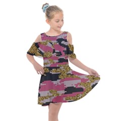 Abstract Glitter Gold, Black And Pink Camo Kids  Shoulder Cutout Chiffon Dress by AnkouArts