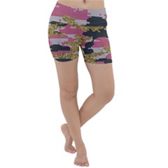 Abstract Glitter Gold, Black And Pink Camo Lightweight Velour Yoga Shorts by AnkouArts