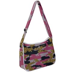 Abstract Glitter Gold, Black And Pink Camo Zip Up Shoulder Bag by AnkouArts