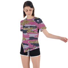 Abstract Glitter Gold, Black And Pink Camo Asymmetrical Short Sleeve Sports Tee