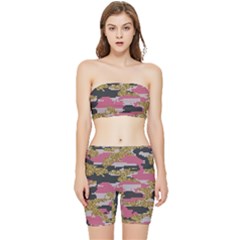 Abstract Glitter Gold, Black And Pink Camo Stretch Shorts And Tube Top Set by AnkouArts