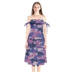 Abstract Purple Camo Shoulder Tie Bardot Midi Dress