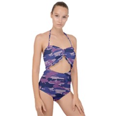 Abstract Purple Camo Scallop Top Cut Out Swimsuit by AnkouArts