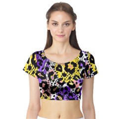 Black Leopard Print With Yellow, Gold, Purple And Pink Short Sleeve Crop Top by AnkouArts