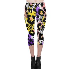 Black Leopard Print With Yellow, Gold, Purple And Pink Capri Leggings  by AnkouArts