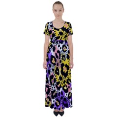 Black Leopard Print With Yellow, Gold, Purple And Pink High Waist Short Sleeve Maxi Dress by AnkouArts