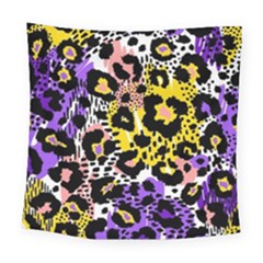 Black Leopard Print With Yellow, Gold, Purple And Pink Square Tapestry (large) by AnkouArts