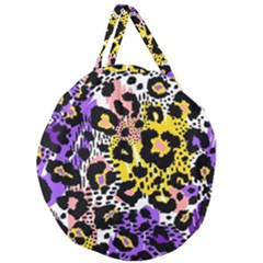 Black Leopard Print With Yellow, Gold, Purple And Pink Giant Round Zipper Tote by AnkouArts