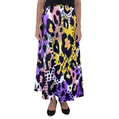 Black Leopard Print With Yellow, Gold, Purple And Pink Flared Maxi Skirt by AnkouArts