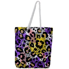 Black Leopard Print With Yellow, Gold, Purple And Pink Full Print Rope Handle Tote (large) by AnkouArts