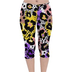 Black Leopard Print With Yellow, Gold, Purple And Pink Velvet Capri Leggings  by AnkouArts