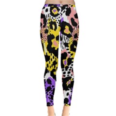 Black Leopard Print With Yellow, Gold, Purple And Pink Inside Out Leggings by AnkouArts