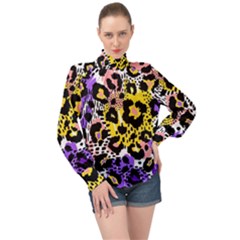 Black Leopard Print With Yellow, Gold, Purple And Pink High Neck Long Sleeve Chiffon Top by AnkouArts