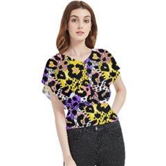 Black Leopard Print With Yellow, Gold, Purple And Pink Butterfly Chiffon Blouse