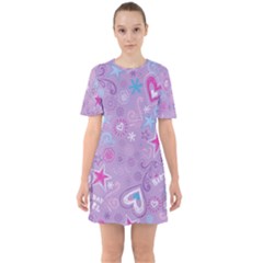  Hearts And Stars On Light Purple  Sixties Short Sleeve Mini Dress by AnkouArts