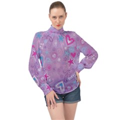  Hearts And Stars On Light Purple  High Neck Long Sleeve Chiffon Top by AnkouArts