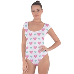 Pink Hearts One White Background Short Sleeve Leotard  by AnkouArts