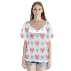 Pink Hearts One White Background V-neck Flutter Sleeve Top by AnkouArts