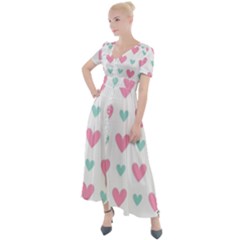 Pink Hearts One White Background Button Up Short Sleeve Maxi Dress