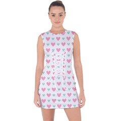 Pink Hearts One White Background Lace Up Front Bodycon Dress by AnkouArts