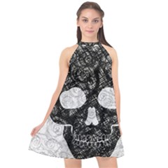 Black Skull On White Halter Neckline Chiffon Dress  by AnkouArts