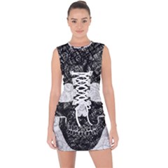 Black Skull On White Lace Up Front Bodycon Dress by AnkouArts