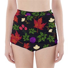 Golden Autumn, Red-yellow Leaves And Flowers  High-waisted Bikini Bottoms by Daria3107