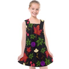 Golden Autumn, Red-yellow Leaves And Flowers  Kids  Cross Back Dress by Daria3107