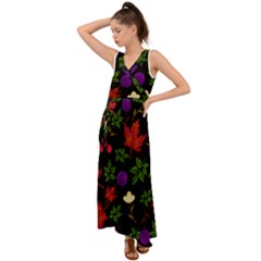 Golden Autumn, Red-yellow Leaves And Flowers  V-neck Chiffon Maxi Dress