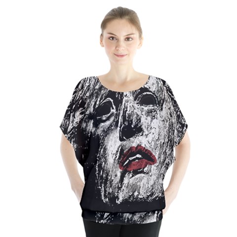 Creepy Head Sculpture Artwork Batwing Chiffon Blouse by dflcprintsclothing