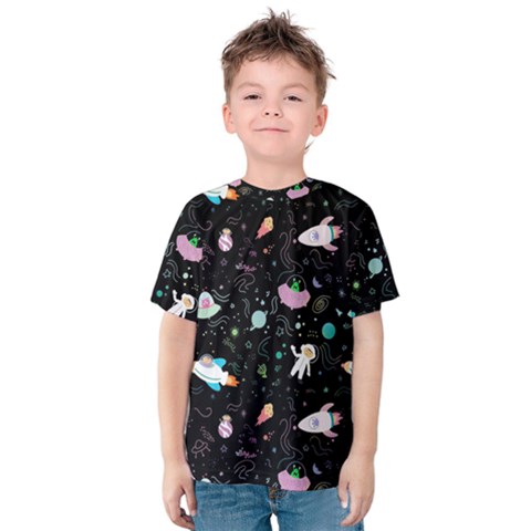 Funny Astronauts, Rockets And Rainbow Space Kids  Cotton Tee by SychEva